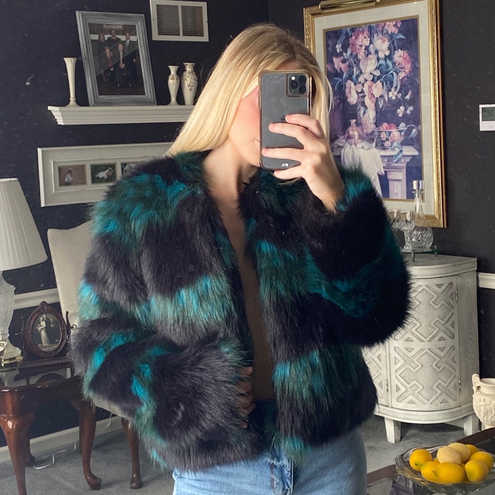 Black and teal faux fur coat